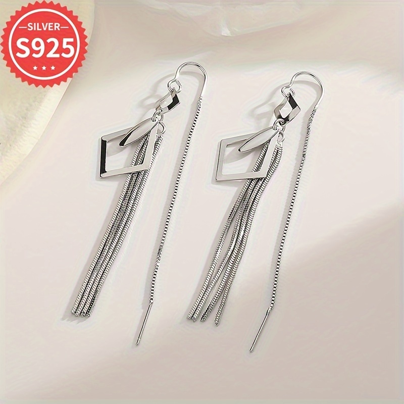 925 Silver Tassel Earrings Geometric Diamond Hollow Dangle Hypoallergenic Fringe
